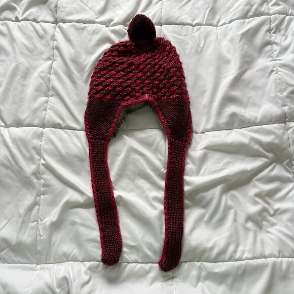 Pistil Aster Basket Weave Knit Earflap Pompom Red Festival Winter Fall Cap Hat - Picture 6 of 7